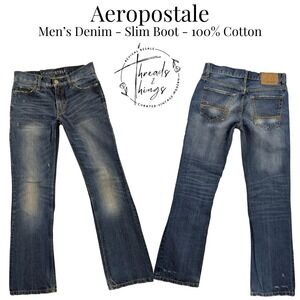 Aeropostale Jeans Mens 28 x 30 Medium Wash Slim Boot 100% Cotton Distressed Y2k